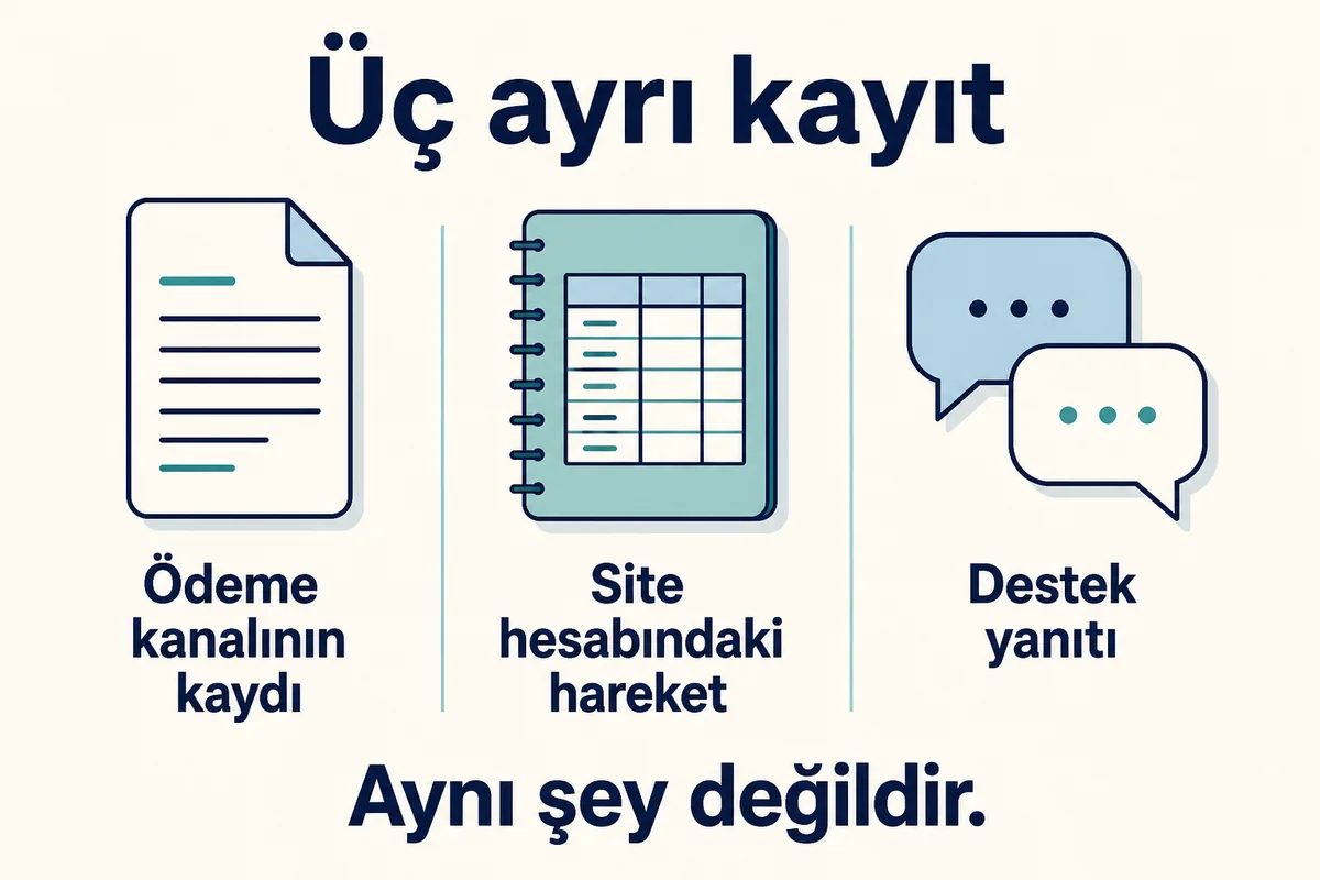 Ödeme kanalının kaydı, site hesabındaki hareket ve destek yanıtı: birbirinden ayrı üç kayıt türü.